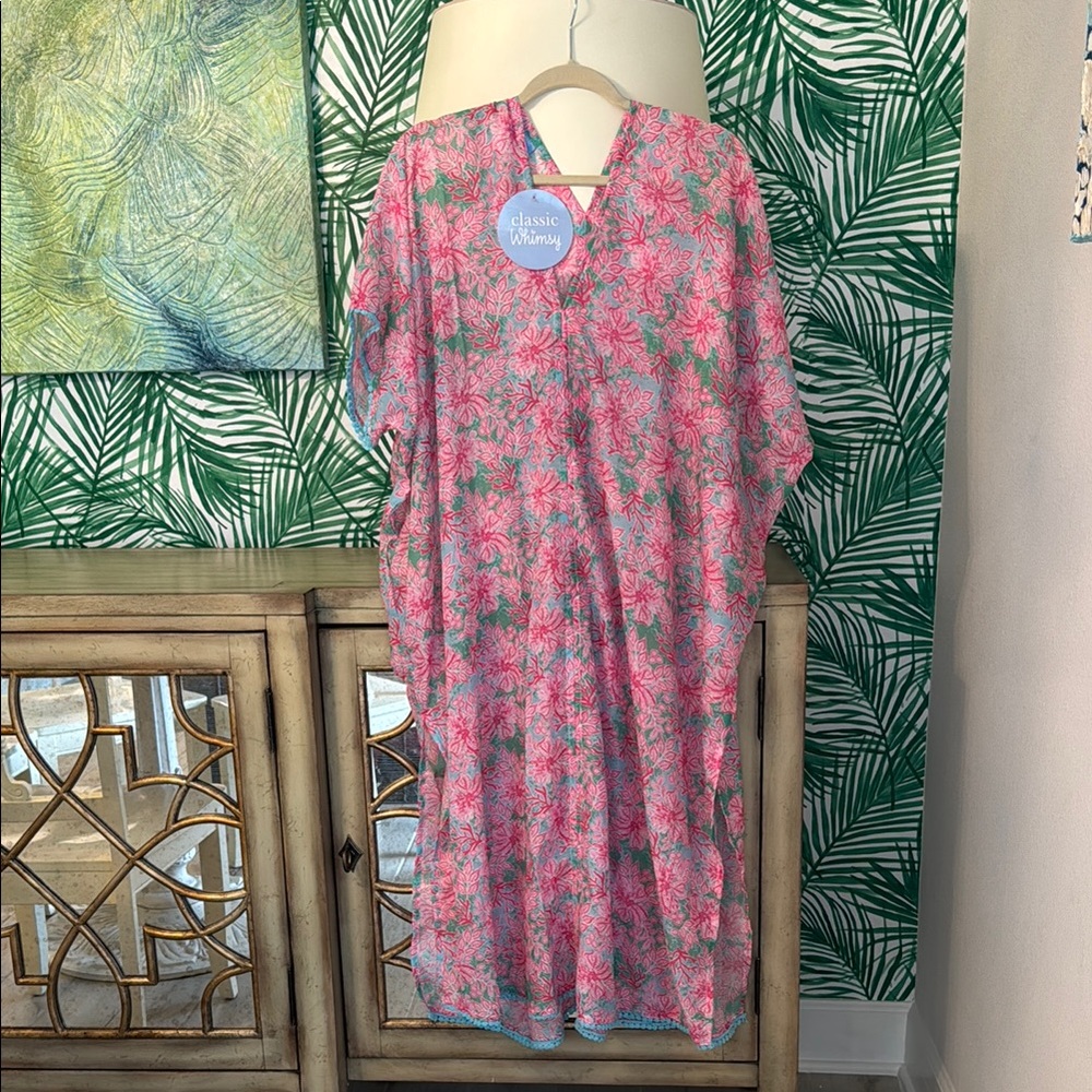 Classic Whimsy Pink and Green Floral Kaftan with teal trim